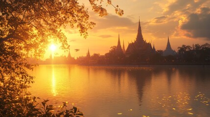 Fototapeta premium A stunning view of Wat Arun, the Temple of Dawn, at sunset, with the intricate architecture reflecting on the river, and the sun casting golden light over the scene