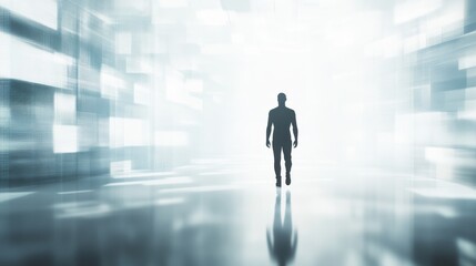Silhouette of a person in a bright, abstract space.