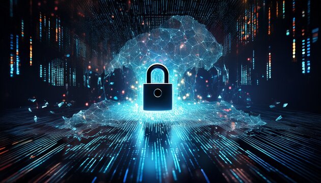cybersecurity breach shattered lock in binary code cascade hack data