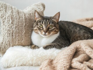 Naklejka premium A cozy tabby cat rests on a soft blanket, surrounded by knitted pillows, exuding comfort and warmth in a serene setting.