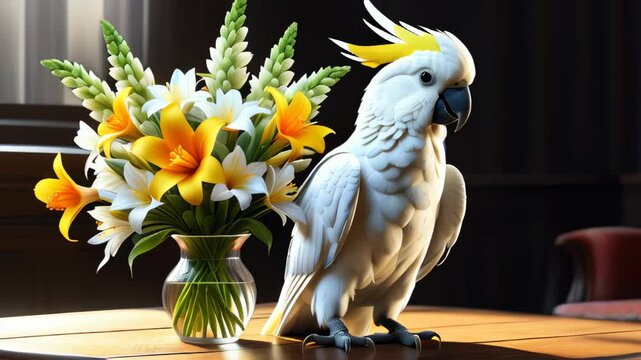 Cockatoo sits beside vibrant flower arrangement in a cozy indoor setting