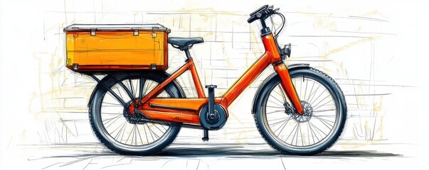Artistic rendering of a retro orange bicycle with cargo attachment