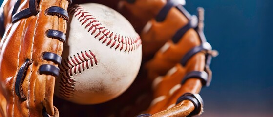 A close-up of a baseball nestled in a brown leather glove, showcasing the intricate stitching and texture against a blurred background.