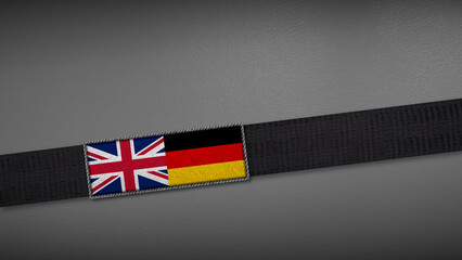 3D rendering of two flag from United Kingdom and Germany on a dark band, symbolizing political relations, diplomacy, or conflict. simple, clean Gray background for focus, seriousness, formality