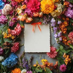 Obraz premium A beautifully arranged floral composition featuring a vibrant assortment of fresh flowers in shades of red, orange, yellow, purple, and blue