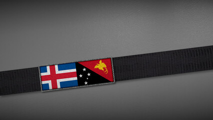 3D rendering of two flag from Iceland and Papua New Guinea on a dark band, symbolizing political relations, diplomacy, or conflict. simple, clean Gray background for focus, seriousness, formality