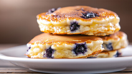 fluffy blueberry pancakes on a rustic wooden table