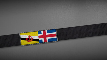 3D rendering of two flag from Brunei and Iceland on a dark band, symbolizing political relations, diplomacy, or conflict. simple, clean Gray background for focus, seriousness, formality