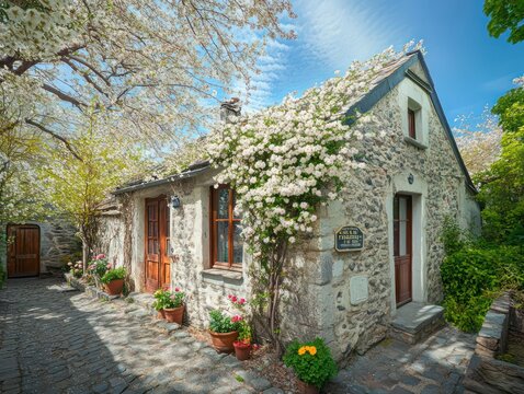 beautiful spring street of a small authentic provance town with old stone house covered with blooming glicinia fowers