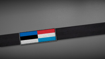 3D rendering of two flag from Estonia and Luxembourg on a dark band, symbolizing political relations, diplomacy, or conflict. simple, clean Gray background for focus, seriousness, formality