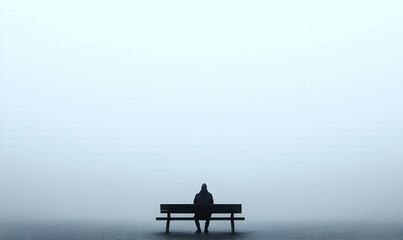 Alone in the Fog: Silhouette on a Bench in a Misty Landscape
