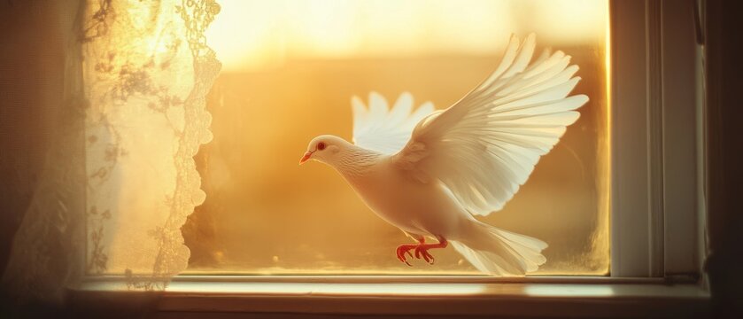 A dove gracefully perches on a windowsill bathed in warm, golden light, symbolizing peace and hope amid tranquil morning rays.