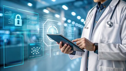 Remote Health Solutions concept. A doctor in a lab coat using a tablet with digital security icons in a modern medical environment.