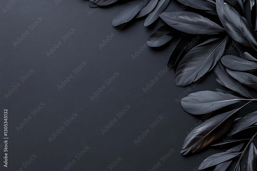 Poster soft black feathers weave through chrome botanical elements on a luxurious black backdrop, creating 