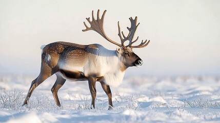 Obraz premium A reindeer walking gracefully across a snowy landscape. Red deer on a snowy meadow.