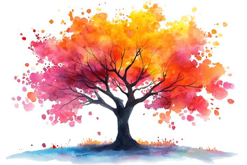 Colorful watercolor tree illustration with artistic splashes. Isolated on transparent background. PNG