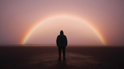 Person Standing in Front of Rainbow on Foggy Beach at Dusk