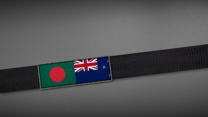 3D rendering of two flag from Bangladesh and New Zealand on a dark band, symbolizing political relations, diplomacy, or conflict. simple, clean Gray background for focus, seriousness, formality