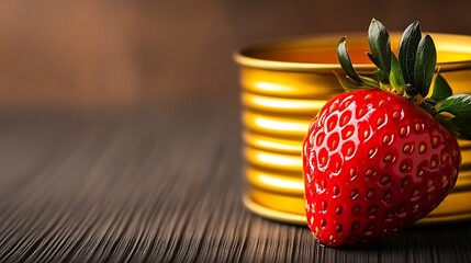 Strawberry by can, wooden table. Brown, blurred background. Food blog, healthy recipe, advertisement use