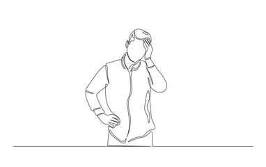 Continuous line drawing of man frustration, feeling sad, depression, holding head. Person holding head in simple outline illustration.