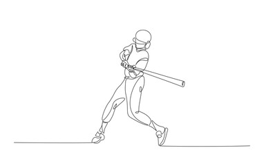 Continuous line drawing of baseball player hitting the ball. Baseball player in action simple outline illustration.