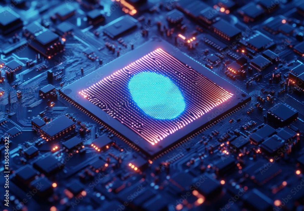Poster high-tech digital circuit board with microchip and fingerprint design illuminated in neon colors for