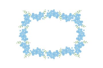 Watercolor illustration of hand drawn little blue flowers horizontal rectangle frame isolated. Perfect for nursery design postcards and wedding invitations
