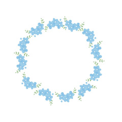 Watercolor illustration of hand drawn little blue flowers round frame isolated. Perfect for nursery design postcards and wedding invitations