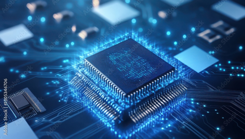 Poster high-tech microchip on a circuit board displaying digital patterns and glowing lights in a futuristi
