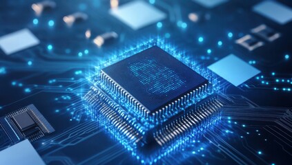 Fototapeta premium High-Tech Microchip on a Circuit Board Displaying Digital Patterns and Glowing Lights in a Futuristic Technology Environment