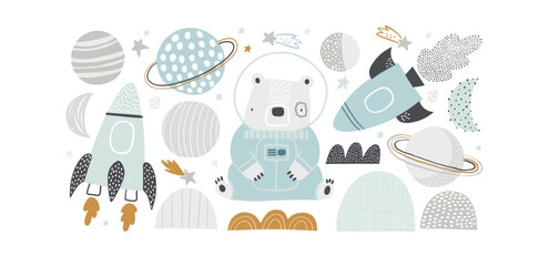 Vector hand drawn illustration of cute bear astronaut in spacesuit, planets, rockets, stars, hills and mountains. Cute animals astronauts. Space illustration for kids. Scandinavian style.