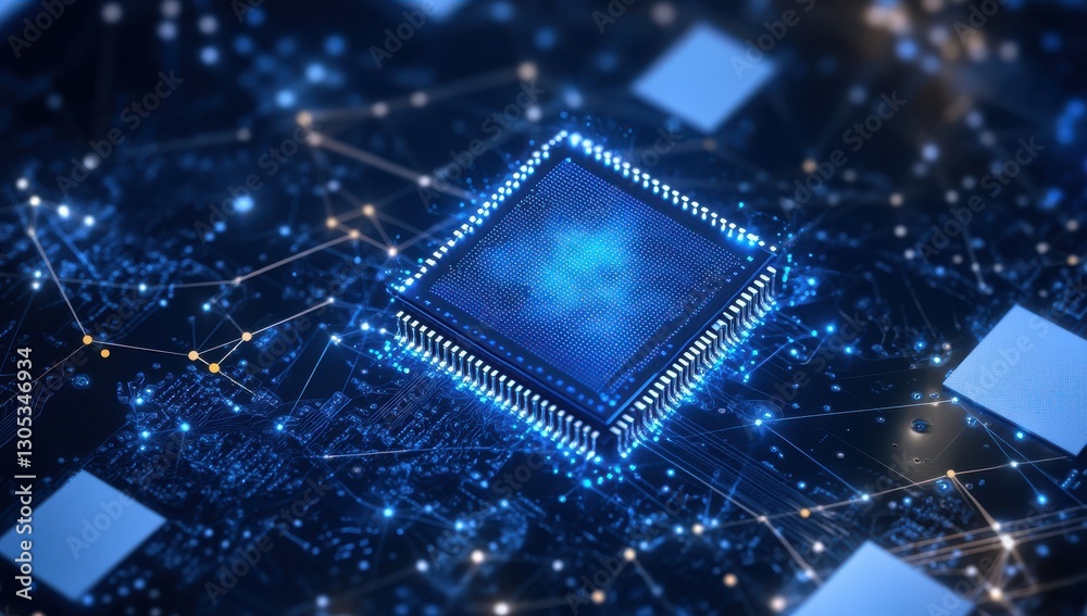 Wall mural high-tech microchip surrounded by glowing connections in a futuristic digital network depicting adva