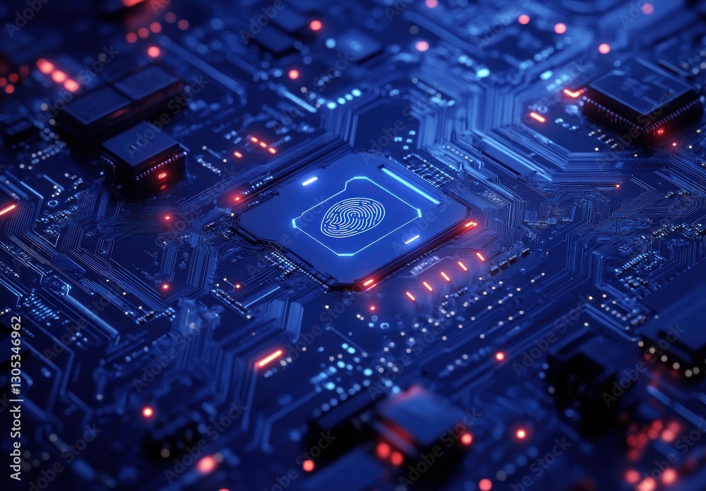 Poster high-tech microchip with fingerprint recognition on dark circuit board background enhancing security