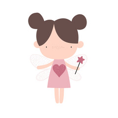 Vector illustration cute fairy girl with wings in dress with magic wand. Cartoon princess fairy. Delicate illustration for girls. Fairy character. Magic.
