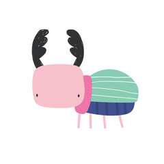 Vector hand drawn illustration of cute deer beetle. Bright children's abstract insect illustration for kids. Nature. Summer. Spring. Scandinavian style.