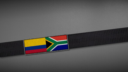 3D rendering of two flag from Colombia and South Africa on a dark band, symbolizing political relations, diplomacy, or conflict. simple, clean Gray background for focus, seriousness, formality