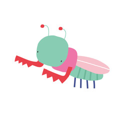 Vector hand drawn illustration of cute praying mantis. Bright children's abstract insect illustration for kids. Nature. Summer. Spring. Scandinavian style.