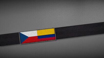 3D rendering of two flag from Czech Republic and Colombia on a dark band, symbolizing political relations, diplomacy, or conflict. simple, clean Gray background for focus, seriousness, formality