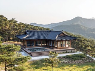 Obraz premium A traditional style building sits among trees with mountain views