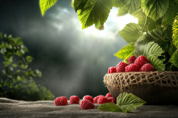 Close-up of fresh ripe raspberries in a rustic wooden bowl with scattered berries on a linen cloth, surrounded by green leaves and illuminated by soft natural light with a blurred background
