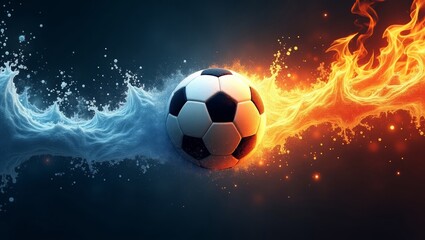 Naklejka premium Soccer ball in fire and water a dynamic duality