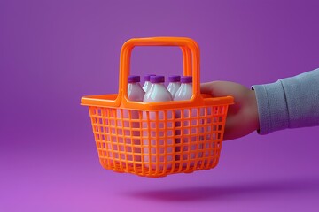 Fototapeta premium Orange shopping basket with bottles against a vibrant purple background