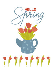 Spring card with flowers in a jug and text Hello Spring .