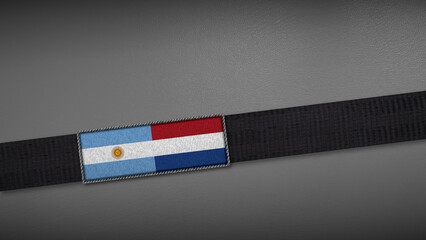 3D rendering of two flag from Argentina and Netherlands on a dark band, symbolizing political relations, diplomacy, or conflict. simple, clean Gray background for focus, seriousness, formality