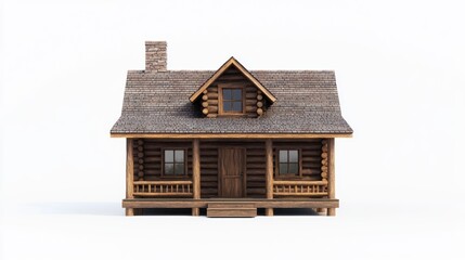 Small Wooden Log Cabin Model on White Background