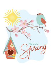 Spring birdie. Adorable little birds and a fairy birdhouse on a branch of a blossoming cherry tree. Vector illustration in a children s style.