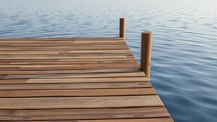 Obraz premium A serene wooden dock extending over calm water, creating a peaceful atmosphere perfect for relaxation and enjoying nature's beauty. 