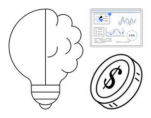 Brain-light bulb symbol, analytics dashboard with charts, and dollar coin evoke creativity, analytics, business, finance, entrepreneurship. Ideal for technology, idea innovation strategy progress