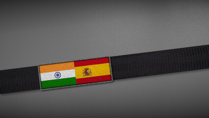 3D rendering of two flag from India and Spain on a dark band, symbolizing political relations, diplomacy, or conflict. simple, clean Gray background for focus, seriousness, formality