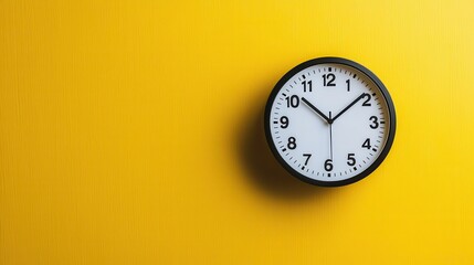 A vibrant yellow background highlights a wall clock